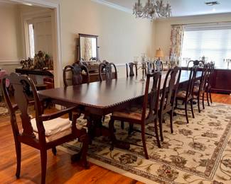 Carved Chippendale Style 3-Pedestal Dining Room Table And Chairs-Can be used as huge banquet style or leaves can be removed for a more intimate setting
14’6”x3’8” with leaves. Can be shortened to 7’ long. 
