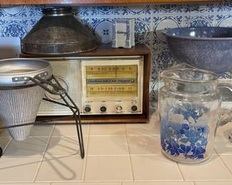Viko Cone Sieve With Stand & Wooden Pestle, Airline Deluxe AM/FM Radio, Vintage MCM Pitcher With Blue to White Flowers, Beautiful Texas Ware Bowl