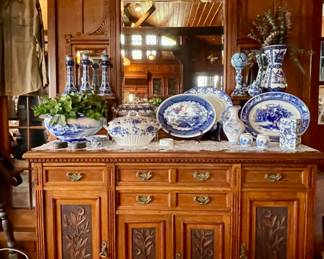 Antique Edwardian Carved Wood Buffet Sideboard with Mirror