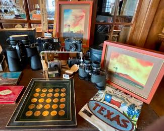 Binoculars, Vintage Cameras, Framed Sunset Art, Framed Antique Car Coin Collection
