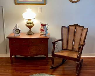 Antique Wash Stand, Antique Victorian Walnut Early 1900’s Cane Carved Rocker With Queen Anne Legs, Vintage Clock