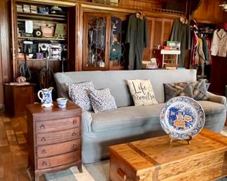 Cedar Chest with Copper Harness, Caswell-Runyan Antique Sewing Cabinet, Antique Victorian Flow Blue Pitcher, Antique Accent Table