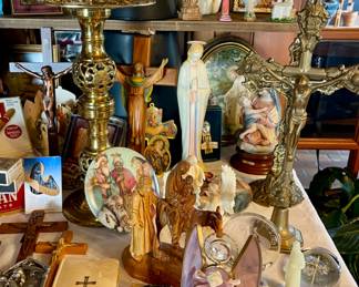 Wonderful Religious Artifacts Including Brass Altar Crucifixes, 1951 “The New Sunday Missal” (Made in Belgium), Hand Carved Olive Wood Flight to Egypt Statue, Vintage Ornate Brass Candlestick, Goebel Hummel Praying Madonna, Holy Water Fonts, Rosaries, Holy Cards, Bibles & Prayer Books