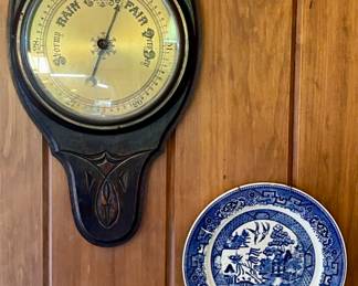 Vintage Blue Willow Plate , Antique Made in England Barometer Inset In Etched Wood Frame