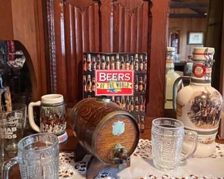 Vintage Oak Miniature Wine Barrel with Stand, Vintage Beer Glasses, Sailer Brewery Germany Limited Edition Stein Honoring Andreas Hofer, Beers of the World Book