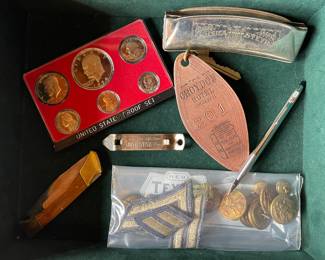 United States Proof Set, Vintage Lone Star Beer Bottle Opener, Military Buttons & Patches, Vintage Croydon Hotel Key