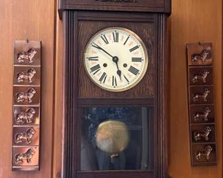 Vintage Eight Day Wall Clock, English Copper Chocolate Molds With 6 Standing Lions