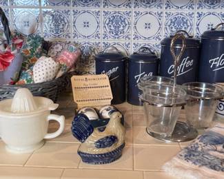 Vintage Milk Glass Measuring Cup & Juicer, Hillbond Carbon Steel Set 4 Canisters