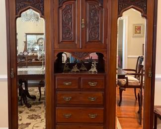 Gorgeous Edwardian Ornately Carved Armoire/Wardrobe With Beveled Mirrors