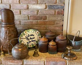 Copper & Brass Coal Scuttle, Copper Teapot & Coffee Pot, Copper Canister Set, Brass Owl Motif Bell