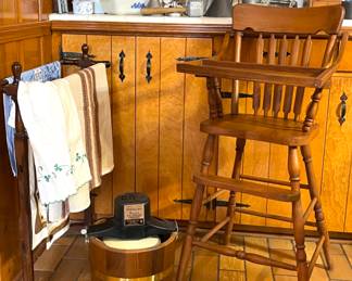 Antique Wood High Chair, Vintage Wood Ice Cream Maker-was new in box