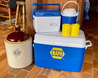 Western Stoneware 5 Gallon Jug, Napa Advertising Cooler Set