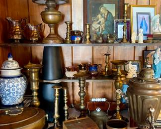 Antique Made In Germany Oil Lamp, Antique Staffordshire England Copper Luster Deer Pitchers, Antique 19th Century Copper Luster Cream Jug Pitcher Staffordshire Pearlware, Ornate Brass Candlesticks, Antique Wood & Copper Scoop Coal Scuttle, Vintage Blue & White Ginger Jar, Vintage Copper Chafing Dish, Antique Copper Oil Lamp Made In Germany