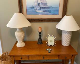 Mission Desk/Decorator Table Lamps/Wall Art/Tall Wicker Basket/Candlestick/Picture Frame