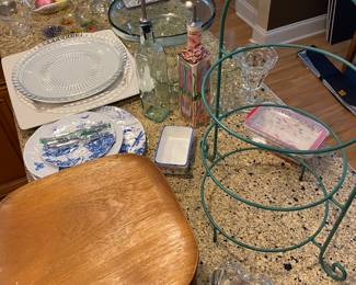 Vintage Wood Square Plates/Verdigris Plate Stand/Oil & Vinegar Bottles/Glassware