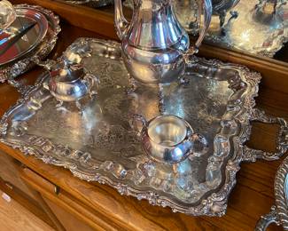 Large Silver Footed Serving Tray/Silver Tea Set