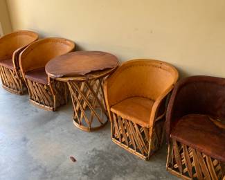 Vintage Wood Rattan Table & Four Chair Set