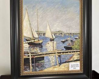 Decorative Oil on Canvas Harbor Scene Featuring Sail Boats