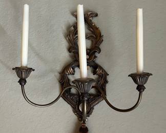 Pair of Bronze Triple Candle Wall Sconces, H 18”