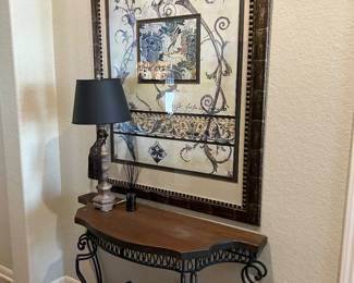Wrought Iron and Wood Entryway Table With Oversized Framed Artwork
Table L 54” x W 19.5” x H 34”
Artwork H 68” x W 48”