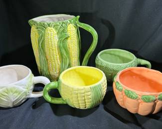 Vintage Corn Cob Pitcher/ Ceramic Soup Mugs Decorative Vegetables 4 Piece Set