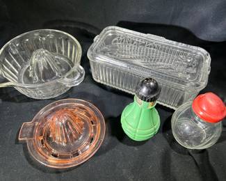 Vintage Kitchenware, Juicers, Salt and Pepper Shakers, Glass Refrigerator Dish with Lid