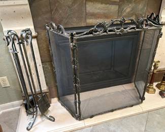 Aged Metal Three Panel Fireplace Screen and Tool Set