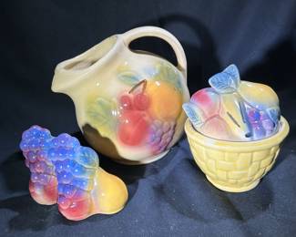 Shawnee Pottery 1940s Fruit Ball Jug Pitcher, Sugar Bowl, Salt and Pepper Shakers