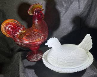 More Chickens !
L E Smith - Glass Rooster Covered Dish/ 
White Milk Glass Chicken Hen On A Nest Covered Candy Dish