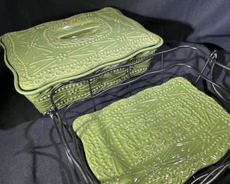 Temp-Tations by Tara Green Lace Rectangular Ceramic Covered Ovenware Dish w/ Rack