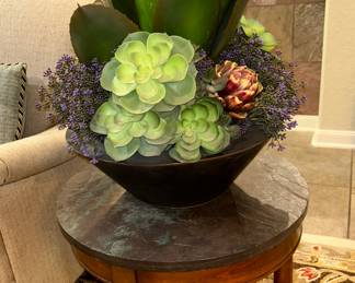 Beautiful Faux Succulent  Arrangement/
Regency-Style Round Side Table with Grey Slate Top