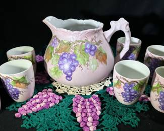 Vintage Hand Painted Ceramic Juice Pitcher and Glasses