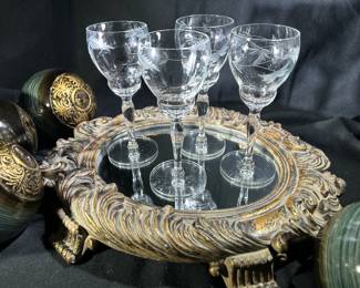 Ornate Mirrored Tray/ Cordial Glasses