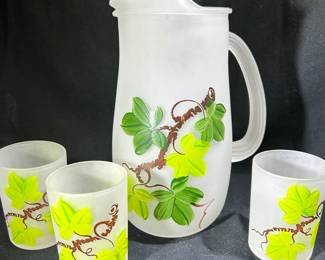 Vintage Hazel Atlas Frosted Glass Juice Pitcher and Glass Set, Hand Painted, Mid Century