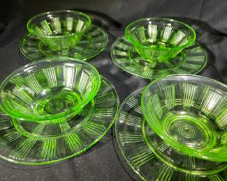 Set of 4 Vintage Green Depression/Uranium Glass Berry Bowls w/ Saucers
