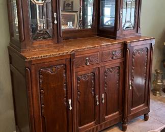 Antique Marble Top Sideboard With Central Beveled Glass Mirror.   A stunning must see!