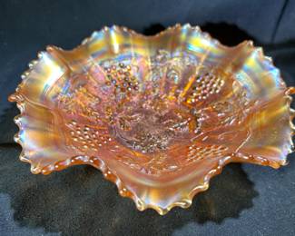 Vintage Grape Leaf Iridescent Carnival Glass Ruffled Bowl