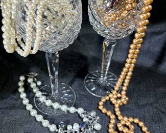 Waterford Crystal Wine Glasses & Costume Pearl Jewelry 