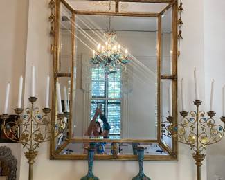 Impressive gold beveled French mirror, pair of scrolling brass alter candles with turquoise accents, pair of  cloisonné vases