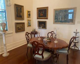 Pretty pedestal dining table/hall table, set of four ballon back dining chairs, antique marble pedestal, Greek bust, English teapoys used as a jardiniere/wine cellar, old pie stand