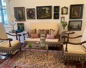 Suite of three:  Louis IV settee and two arm chairs, lovely fringe skirt, vintage brass and chrome coffee table, great art throughout the home