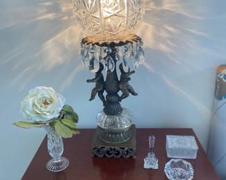 Pair of Hollywood glam crystal and cherub lamps, pair of bedside tables