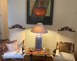 Handsome pair of antique library chairs, beaded top foot stool