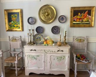 Custom painted Valmont buffet, set of  8 custom made and carved dining chairs