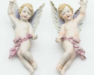ANTIQUE VINTAGE PORCELAIN BISQUE ANGEL CUPID PAIR WALL HANGING FIGURINE MARKED - 4 Total  - 2 Not Photographed