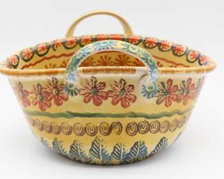 Two Handled Oval Basket Bowl Hand Painted, Made In Italy 