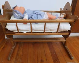 Vintage Wooden Doll Rocking Cradle W/ Doll 