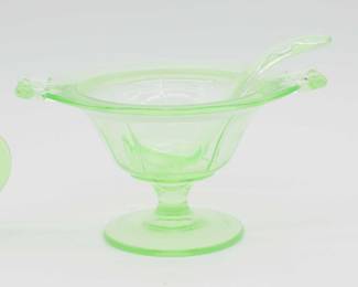 Vintage Heisey Green Glass Mayonnaise Or Whipped Cream Bowl With Ladle - Sugar Bowl & Creamer 