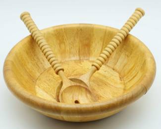 Large Wooden Salad Bowl W/ Servers Made In Malaysia 