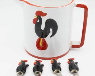 Wine/Water Jug/Pitcher With 4 Vintage Rooster Cheese Spreaders